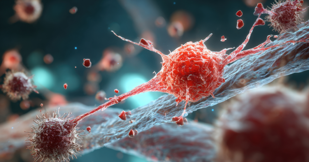 Scientific visualization of STAT6 nuclear localization in spindle-shaped tumor cells, highlighting its role as a diagnostic marker in solitary fibrous tumors and soft tissue neoplasms.