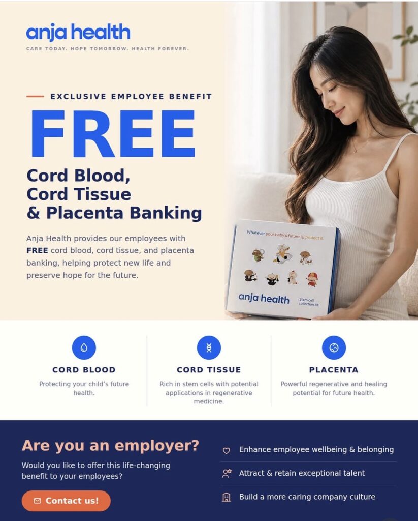 Anja Health flyer promoting free cord blood, tissue, and placenta banking as an employee benefit.